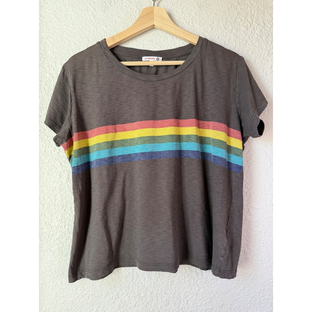 Sundry Womens Rainbow Stripe Pima Cotton T-Shirt Charcoal Grey Made in USA